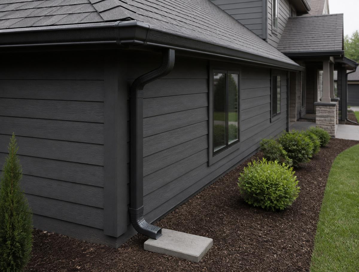 After: Same corner with fitted micro-mesh gutter guard and downspout extended to a splash block