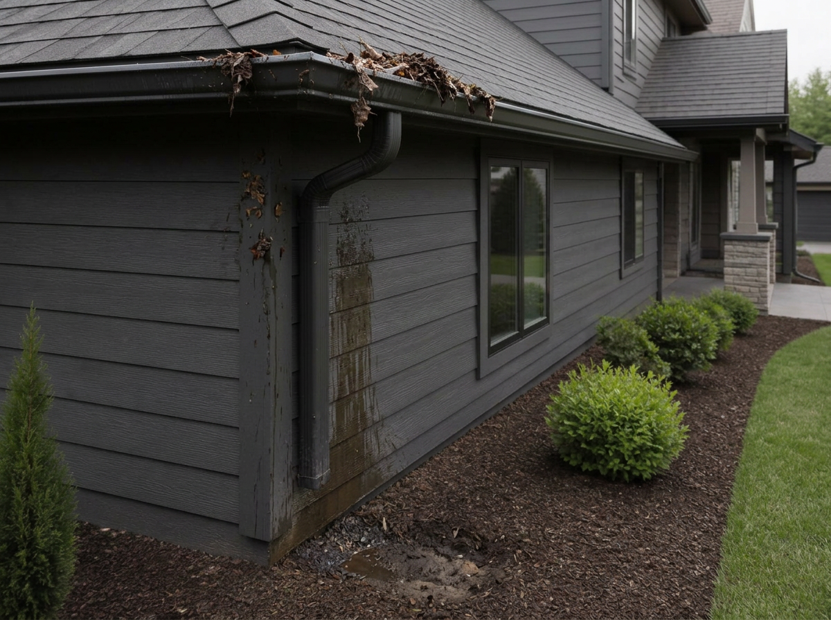 Before: Open gutter packed with wet leaves and downspout overflow stain on dark gray siding