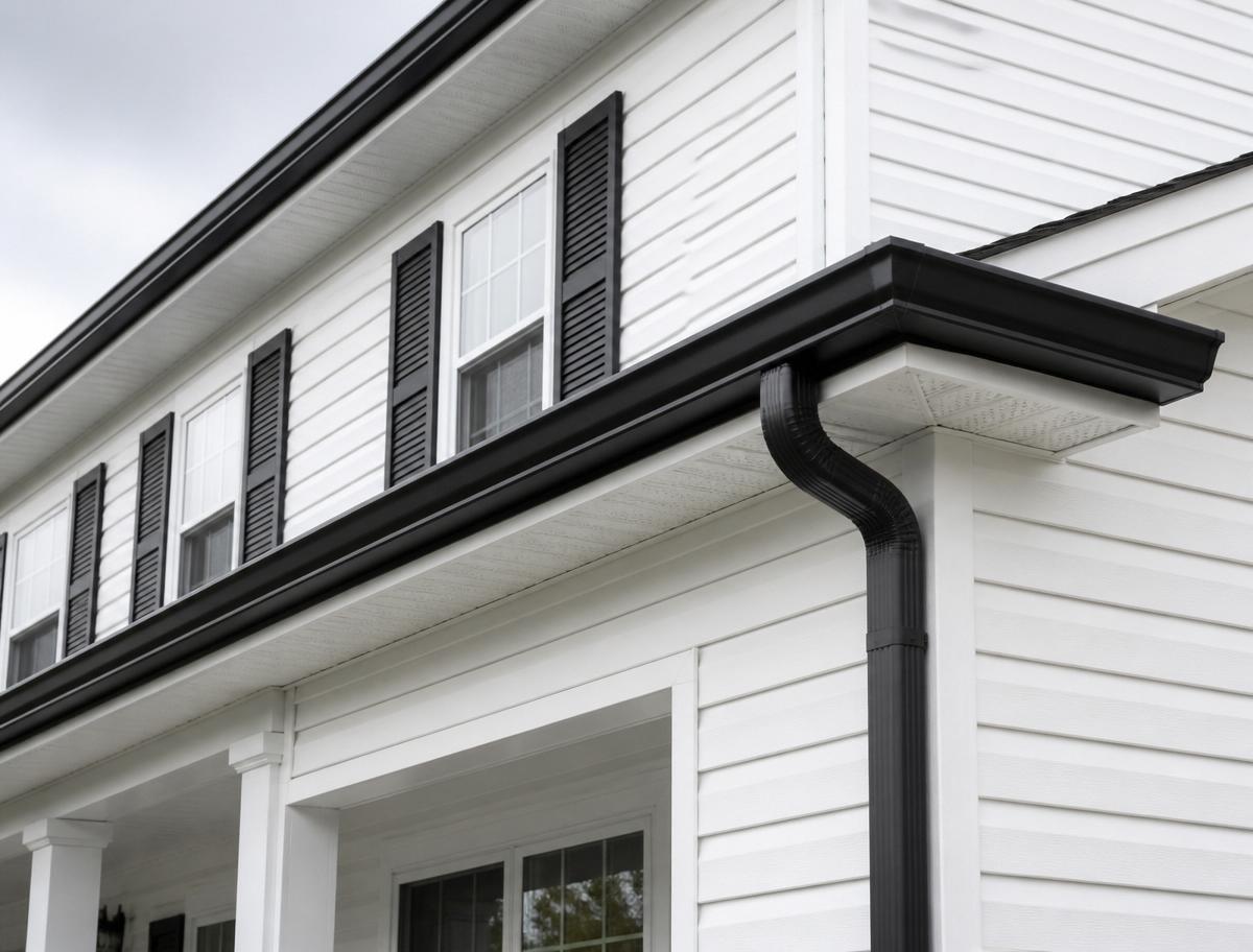 After: Same eave with a new straight seamless black gutter and matching downspout