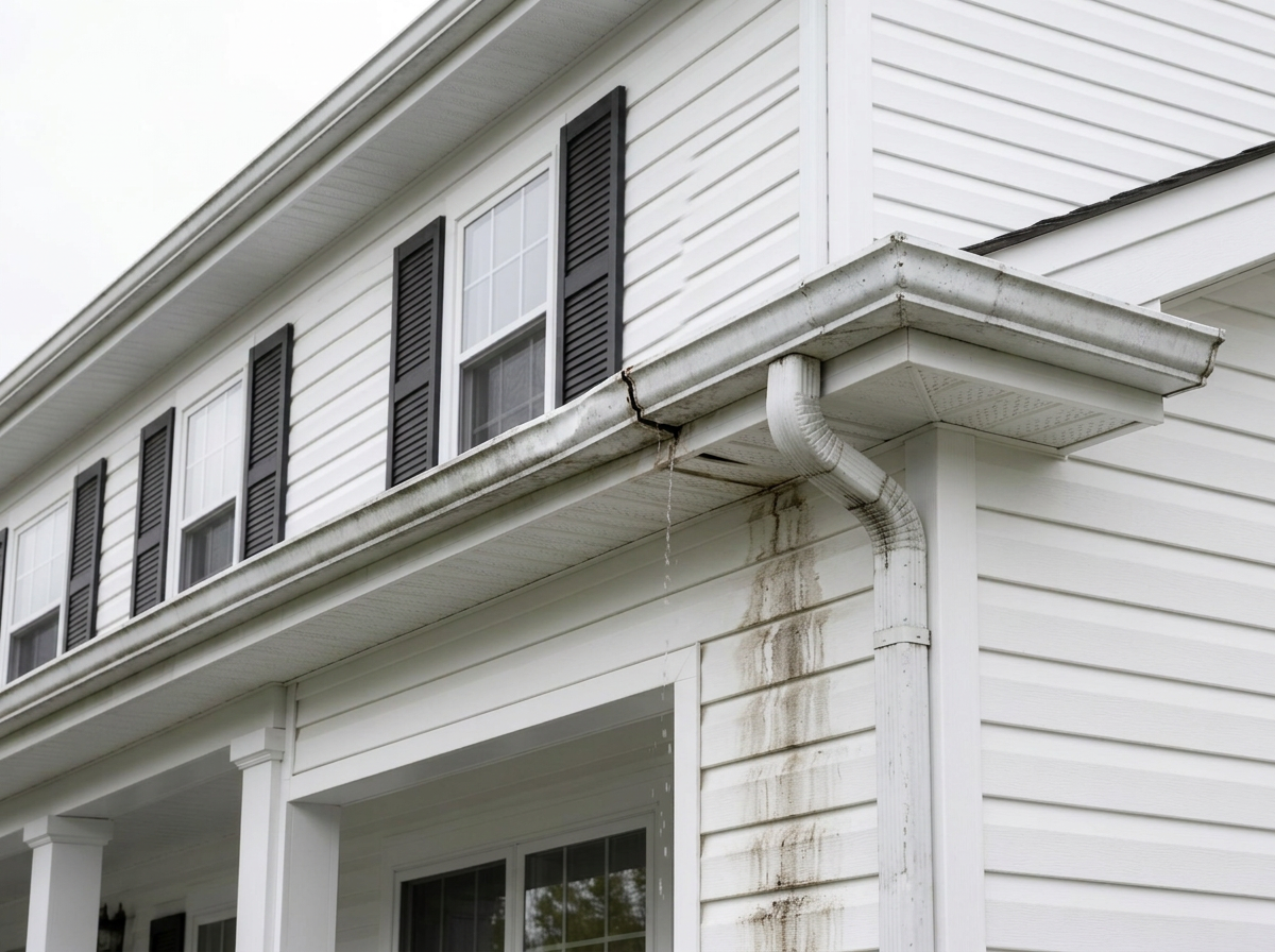 Before: Sagging white aluminum gutter with a separated joint and water stain on white siding
