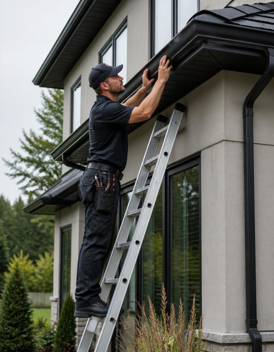 Gutter Crew technician on a ladder fastening a gutter to a home